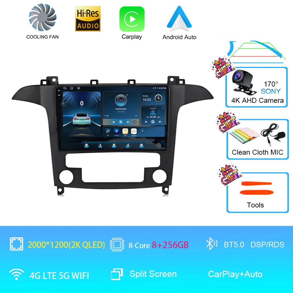 Android 16 voor Ford S-Max S-MAX 2007 2008 2009 2010 2011 - 2015 Videospeler Carplay Auto Multimedia Autoradio WIFI+4G DSP Stereo