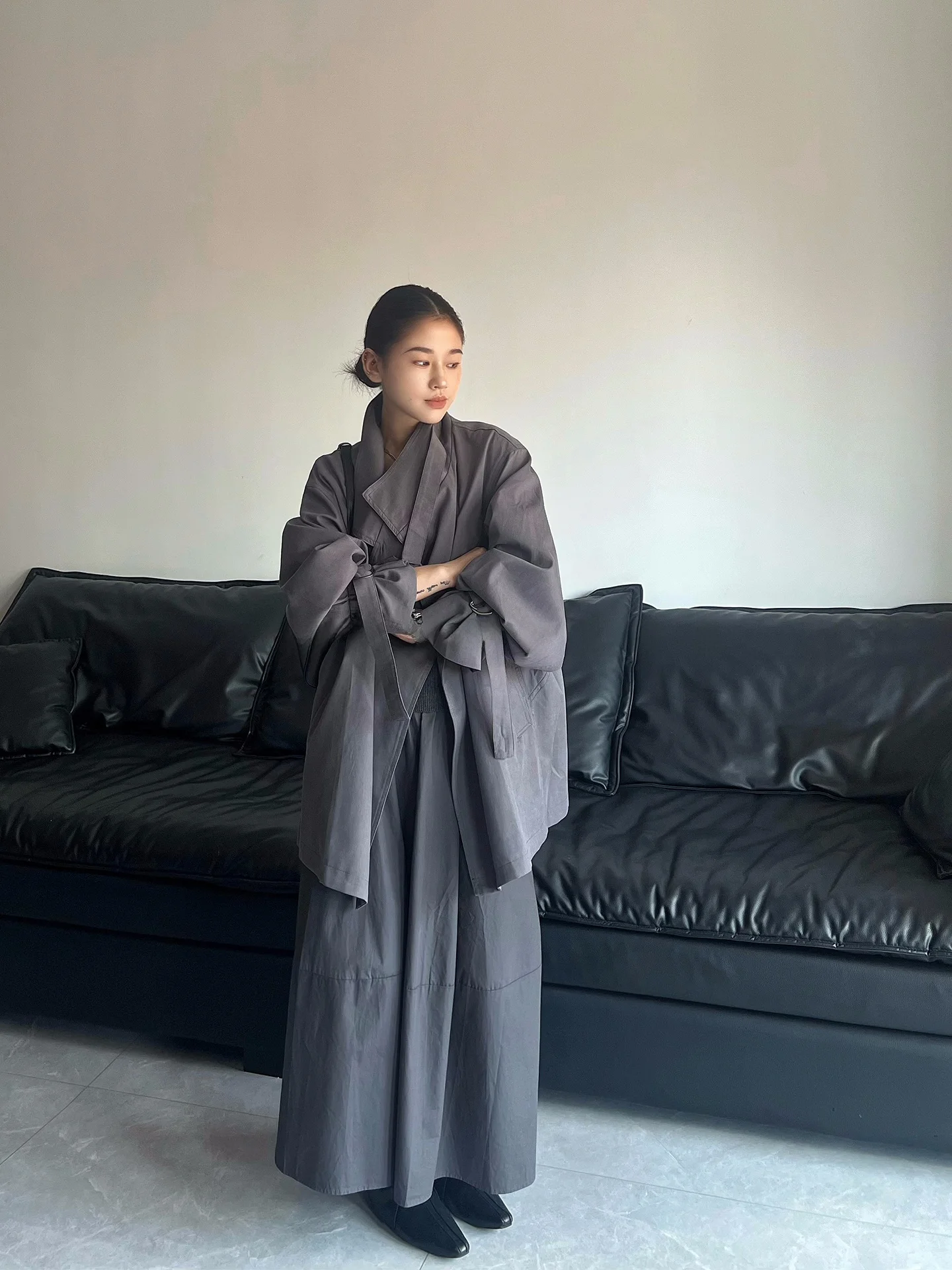 

May Muziya ey ort Loose Briti Sle Women's Coat Stand Collar Autumn Winter Faion Outerwear Commute Polyester Cotton