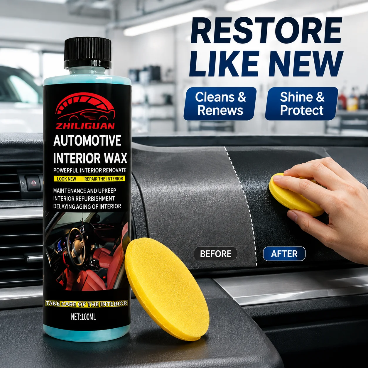 Automotive Interior Wax 100ml with Sponge Car Dashboard Restorer Polish Leather Plastic Care Delay Aging