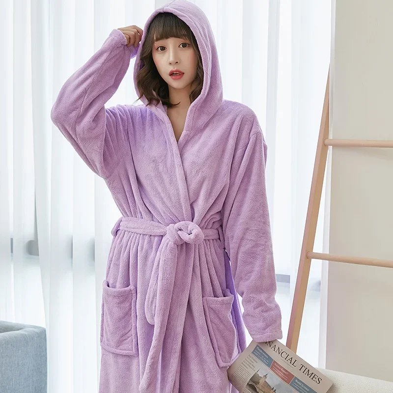 

Coral Velvet Bathrobes for Women Long with Hood Autumn Winter Solid Plush Microfiber Bath Robe Sleepwear Home Bathroom Clothes