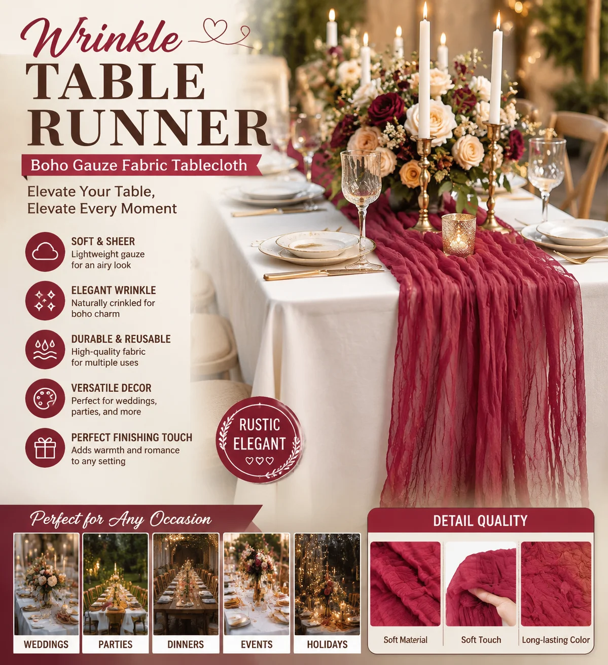 Wrinkle Table Runner Boho Gauze Fabric Tablecloth For Wedding Party Decor Rustic Elegant Dining Table Accent Sheer Runner