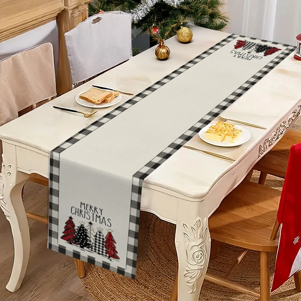 Merry Christmas Tree Pattern Table Runner Black White Check Plaid Edge Farmhouse Xmas Holiday Dining Table Runner Home Christmas