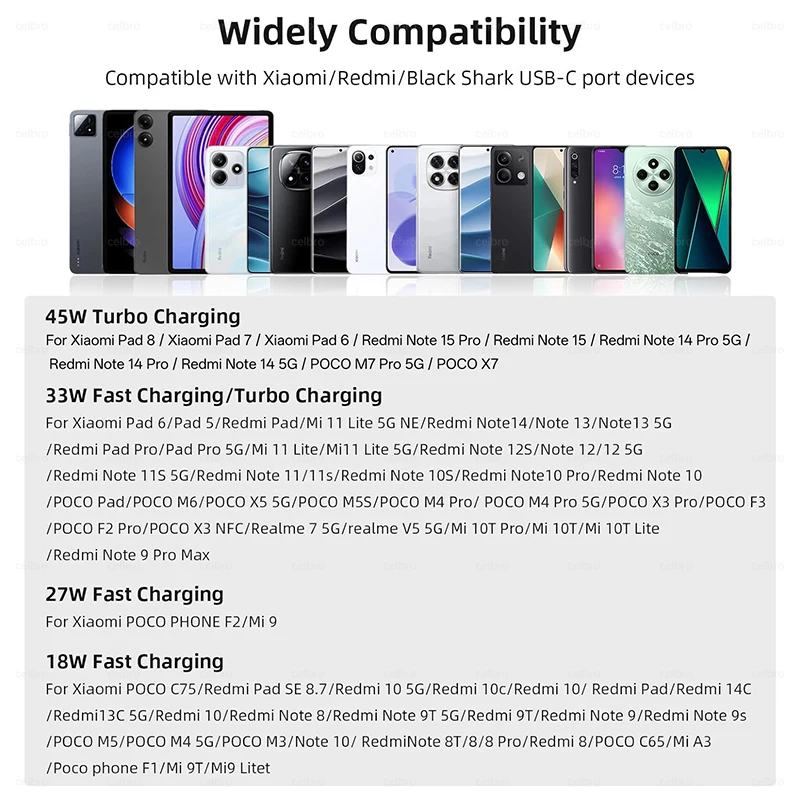 45W For XIAOMI Charger Type C Turbo Charge Fast Charging Charger Redmi Note 15 14 13 12 11 X Pro 10t Poco M7 X7 K40 Pad 6