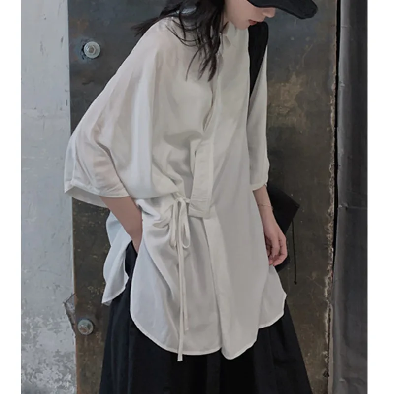 

Bandage Women White Big Size Elegant Blouse New Lapel Three-quarter Sleeve Shirt Fashion Spring Autumn 2026 5NP2