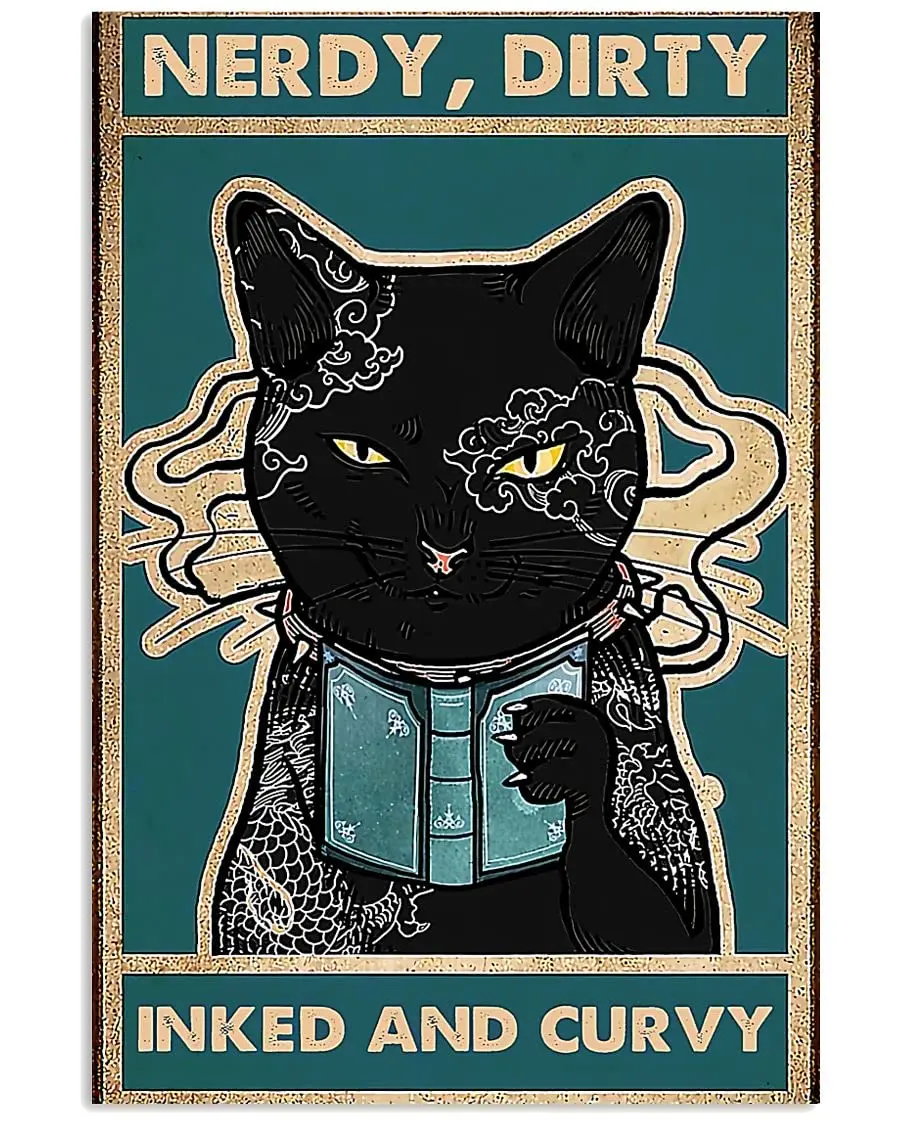 Tattoo Nerdy Cat Retro Metal Signs Vintage Aluminum Sign For Home Coffee Bar Wall Decor 8x12 Inch Tin Sign Cat Birthday Decorati