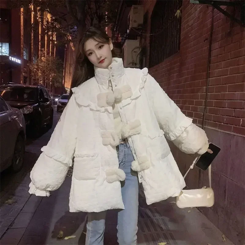 Kimotimo Autumn Winter Parkas Women Korean Fashion Stand Collar Patchwork Ruffle Loose Coats Sweet All Match Jacket Tops