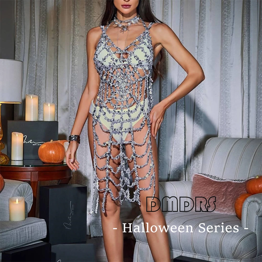 

Novel Halloweed Chain Dress Spider Web Skirt Crystals Beaded Party Dress Photo Shoot Ideas Midi Cocktai Club Prom Gown