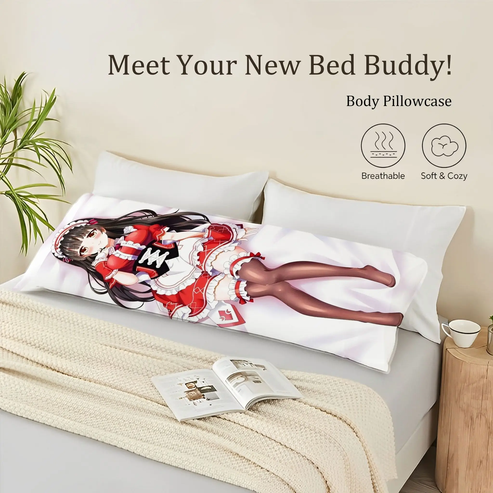 Anime Maid Full-Size Pillowcase Red And White Color Scheme Maid Outfit Lying Position Pattern Pure Pillow Cover Zipper Closure f