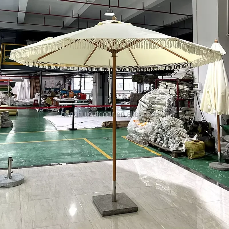 Vintage White Lace Beach Umbrella with Tassel Trim Aluminum Frame Wooden Rod Bali Style Parasol for Outdoor Sun Protection
