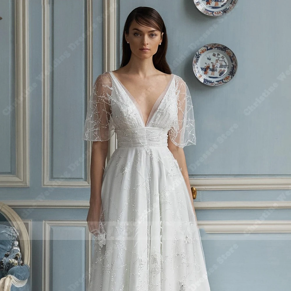 Sexy V-Neck A-Line Women Wedding Dresses Lace Floral Printing Bridal Gowns Specially Designed Ball Wedding Vestidos De Noivas