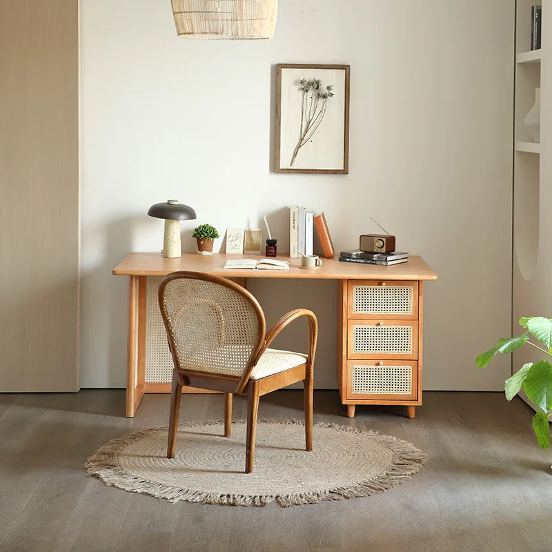 

Nordic all solid wood desk bedroom rattan simple drawer locker
