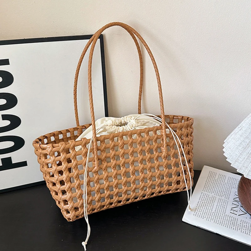 

Hand-woven vegetable basket clutch breathable PVC drawstring tote bag large-capacity beach travel and vacation shoulder bag new