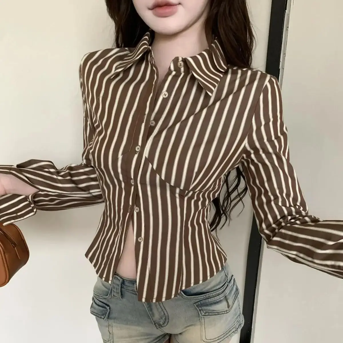 Retro Striped Shirt Button Long Sleeve New Fall Top Aesthetic Elegant Streetwear 2000s Casual Versatile