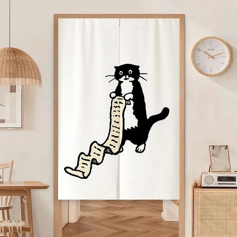 VIKAMA Minimalist Black Cat Milk Print Half-Length Curtain, No-Drill Privacy Curtain, Kitchen and Bedroom Home Decor