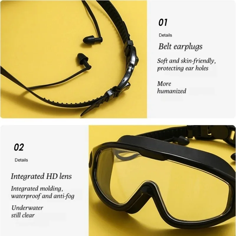 Swimming Goggles Silicone Swim Glasses Big Frame with Earplugs Men Women Professional HD Anti-fog Eyewear Swimming Accessories