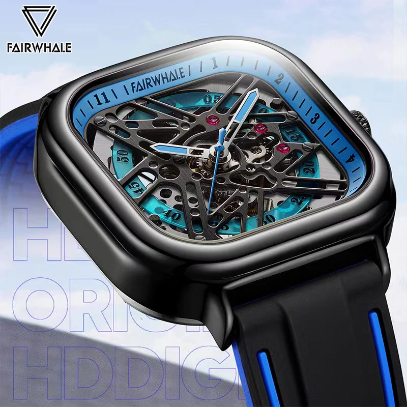 Luxurious Brand Mark Fairwhal Men Automatic Watches Fashion Square Dial Strap Men Mechanical Wristwatches Sport Waterproof Clock