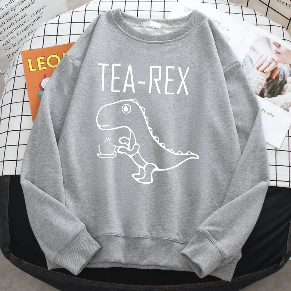 Street Trend Women\'S Sweatshirt Tea Rex Funny Dinosaur Drink Coffee Print Hoodies Loose Warm Pullovers Crewneck Fleece Clothes