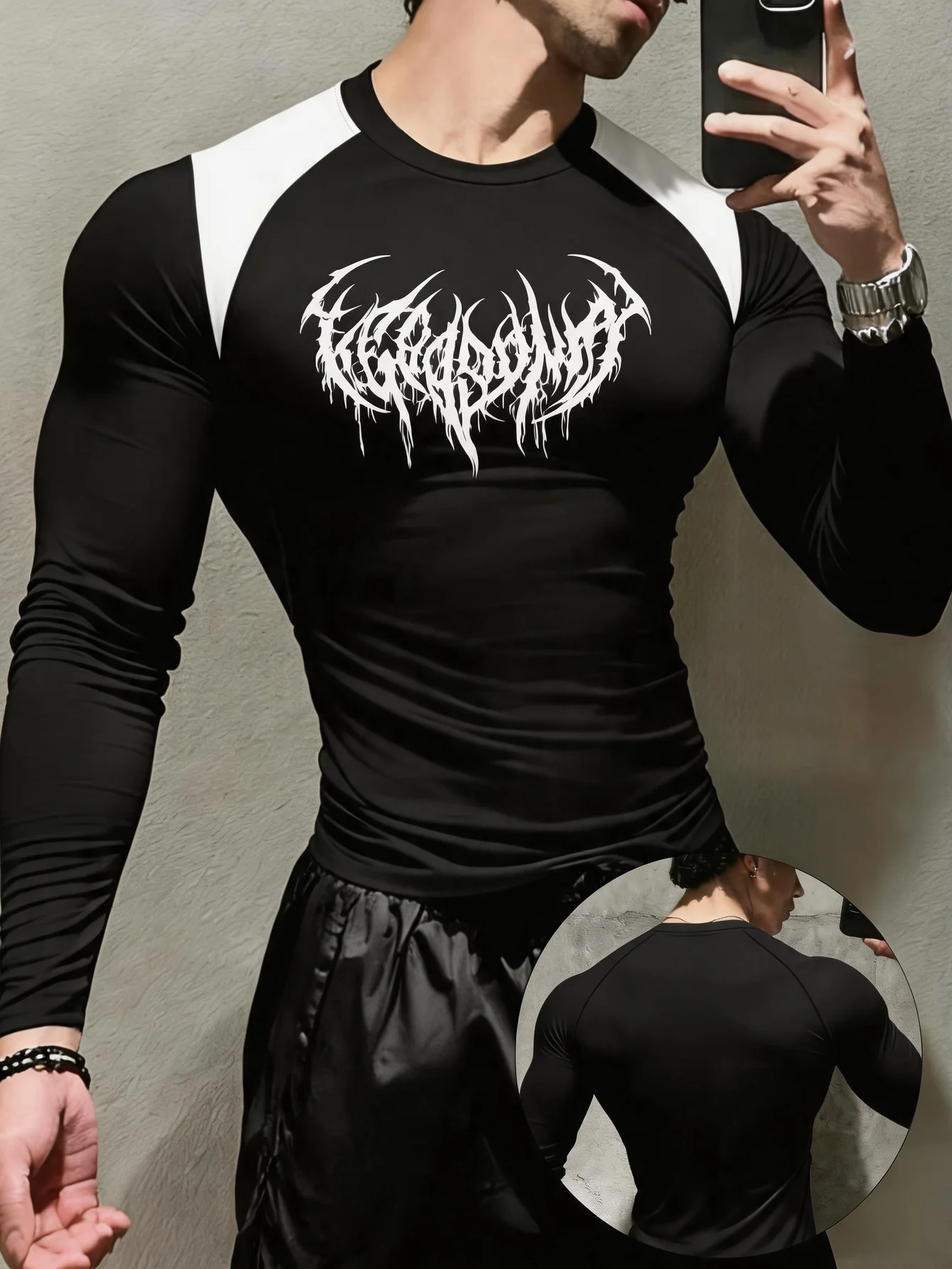 Mens Tight Fit Fitness Long Sleeve Gothic Print Black Raglan Crew Neck Quick Dry Top for Street Style Street