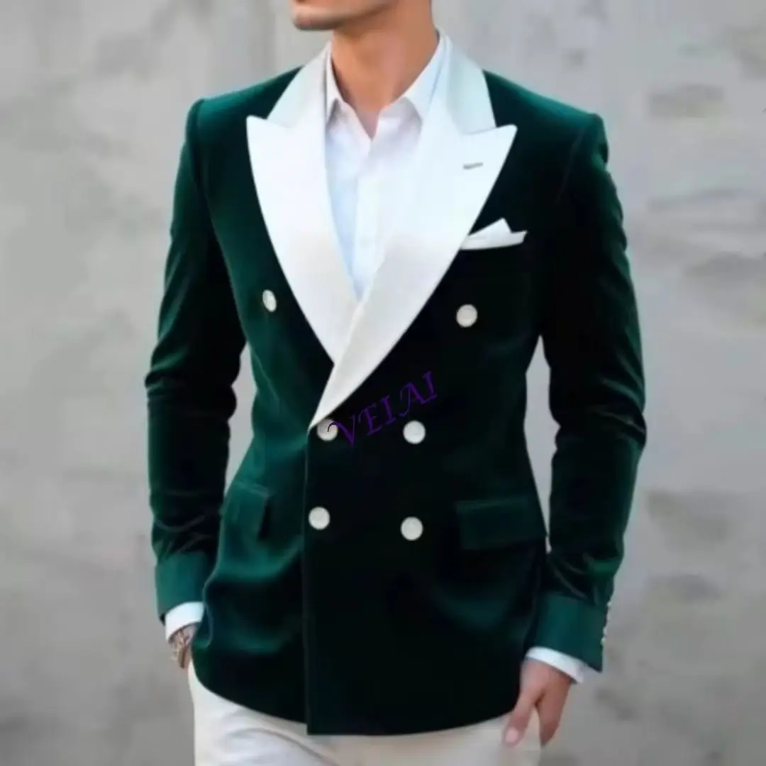 Customized Green Velvet 2 Piece Men's White Tuxedo Business Suit Set for Groom Groomsman Wedding Party Prom Formal Male