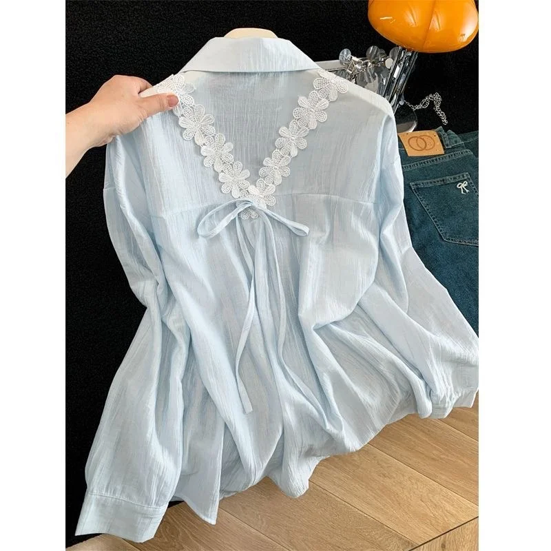 Blue Lace Flower  Knot Shirt Women's Summer Lightweight Sun Protection Loose Fit Long Sleeve  Neck Polyester Fiber