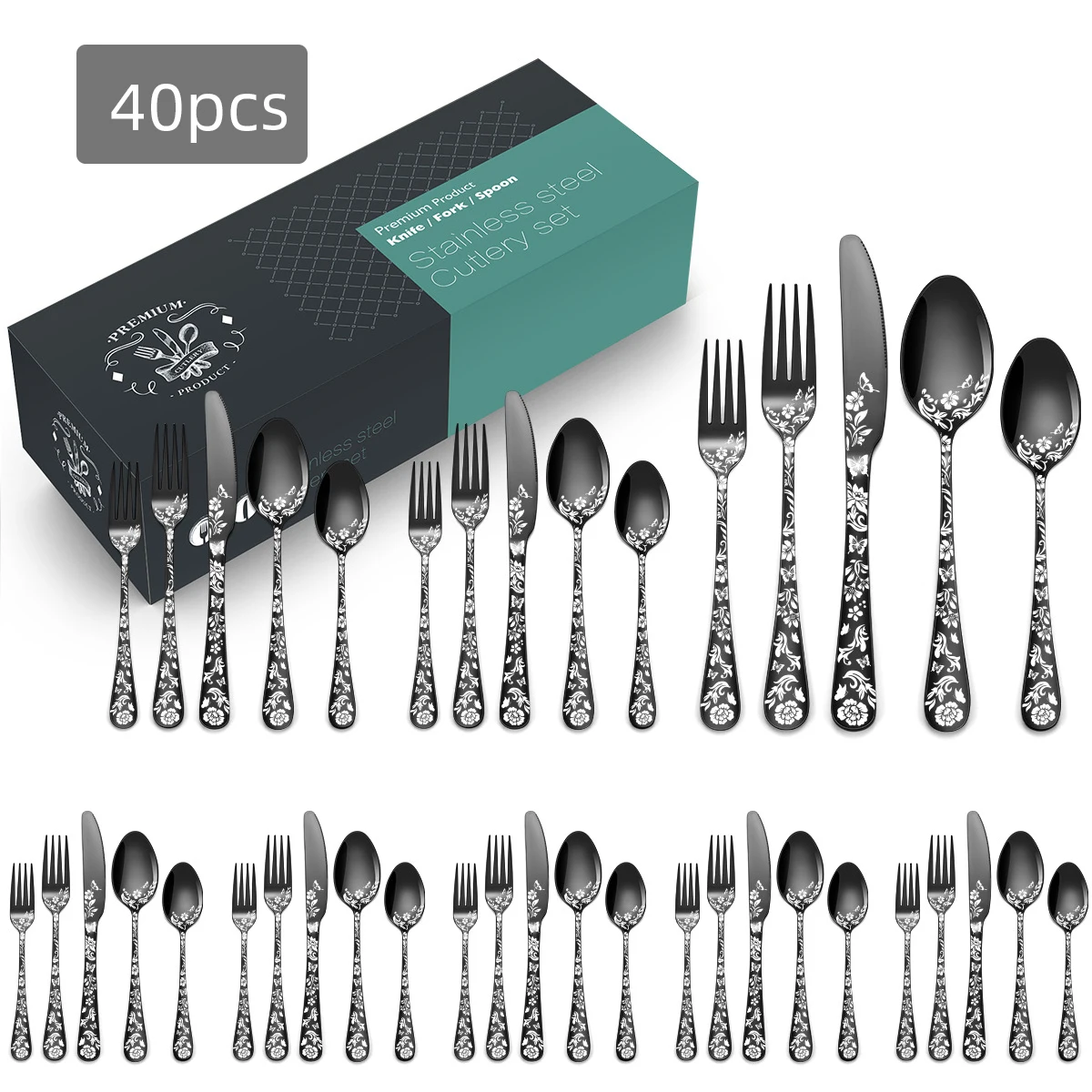 20/40Pcs Laser Christmas Pattern Flatware Set Stainless Steel Dinnerware Cutlery Set Black Knife Fork Kitchen Tableware Set New