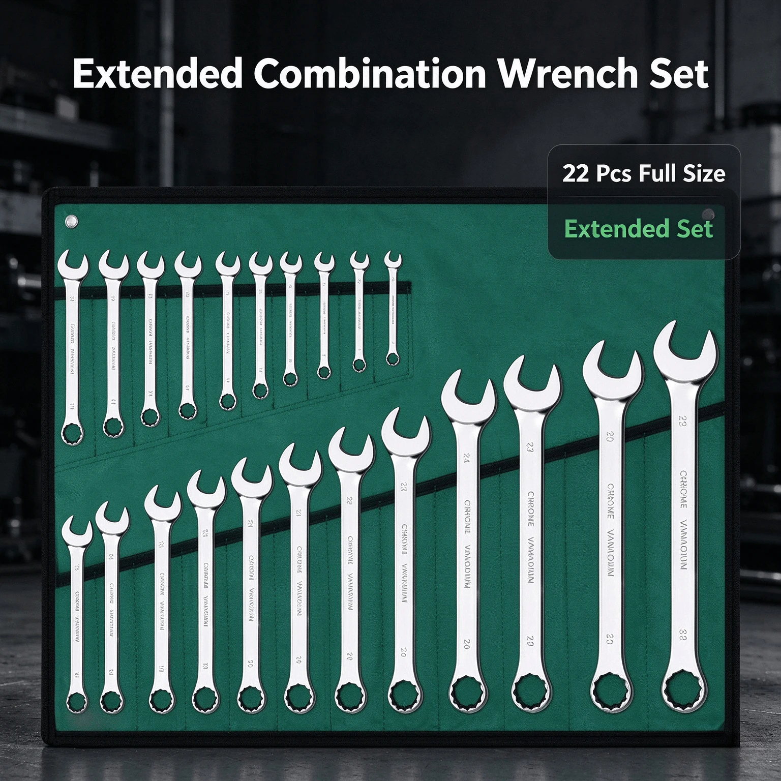 Extended Combination Wrench Set, Open End & Box End Mirror Polished Spanner, 22 Pcs Full Size Combination Wrenches for Repair