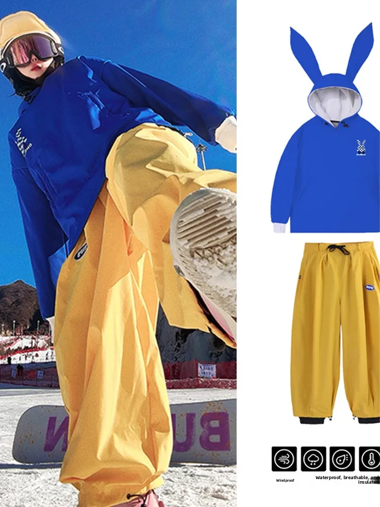 

Очаровательный сноубордический костюм с принтом кролика для мужчин и женщин, водонепроницаемый, дышащий, для катания на лыжах, с длинными рукавами и брюками, для подростков