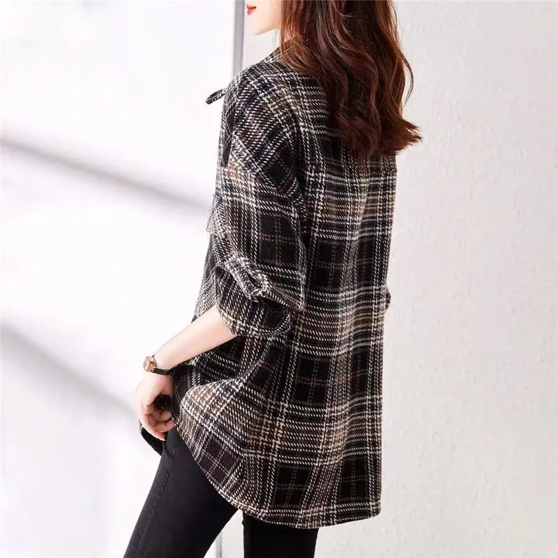 Fashion Long Sleeve Sanding Plaid Shirts Female 2023  Spring Autumn Casual Women's Shirt Jackets Mid-Length Thin Coat Tops