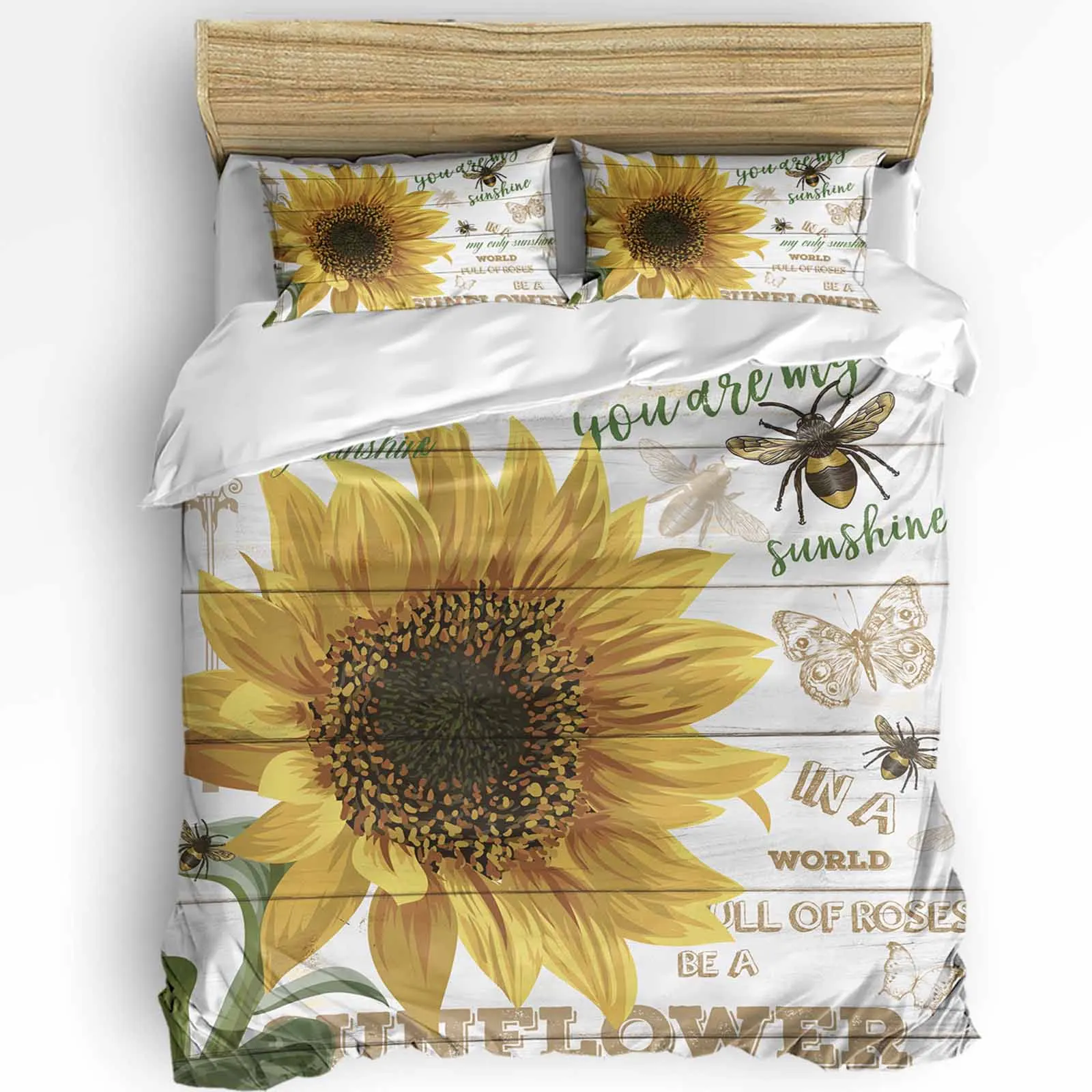 

Sunflower Bee Butterfly Wood Board Duvet Cover with Pillow Case Custom 3pcs Bedding Set Quilt Cover Double Bed Home Textile