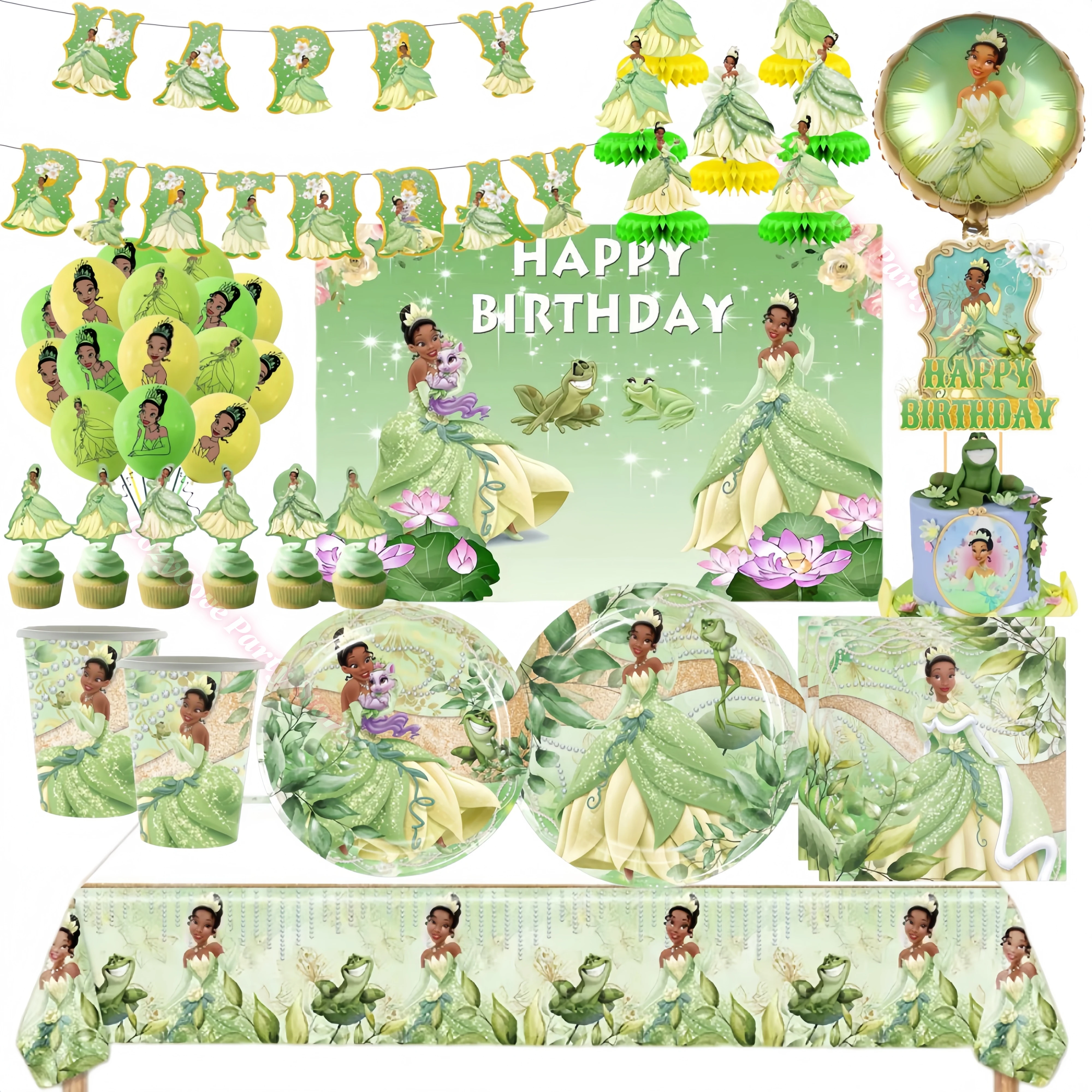 Ensemble de décoration de fête Princesse Tiana : gobelets en papier, assiettes, serviettes, ballons, cadeau surprise pour l'anniversaire des filles, accessoires photo pour baby shower