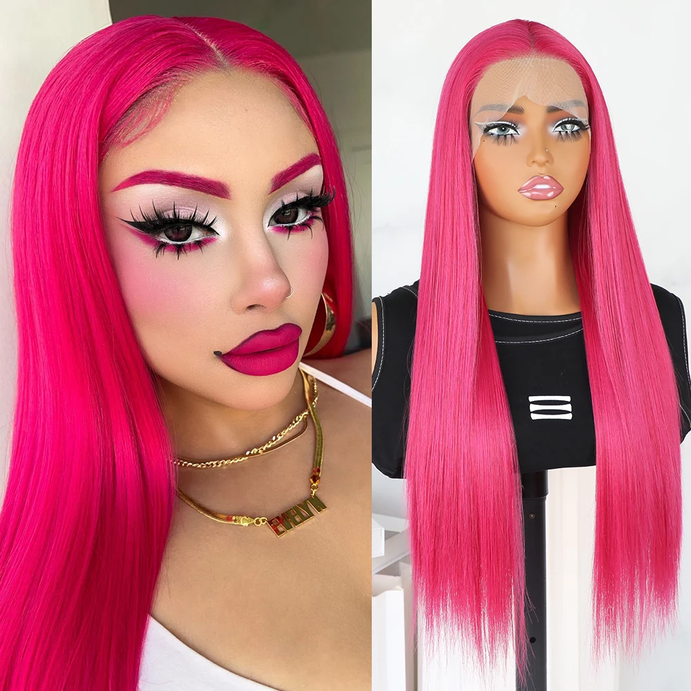 

Синтетические парики с кружевной передней частью, длинные прямые волосы, ярко-розовые, с предварительно выщипанными прядями, естественная линия роста волос, без клея, термостойкие, для женщин, для вечеринок