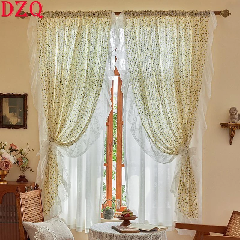 French Rural Small Flowers Door Curtains Cloth for Living Room Warp Ruffled Cotton and Linen Curtains for Kitchen #A467