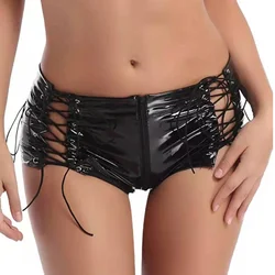 Short taille basse en similicuir pour femme, sexy, slim, à lacets, noir, rouge, été, pantalon court décontracté, mode PVC, grande taille XXXL