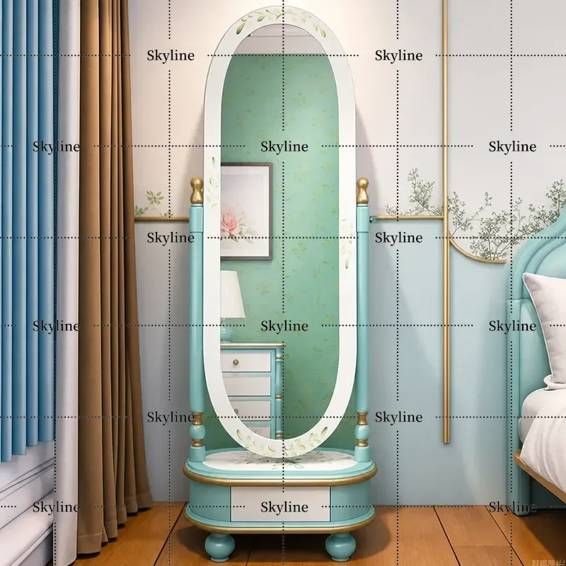 for American Country Painted Solid Wood Full Body Mirror European Retro Bedroom Floor to Ceiling Mirror with Storage