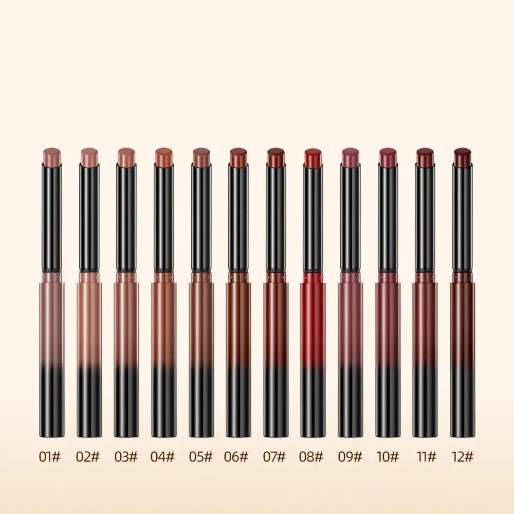 Long Lasting Matte Nude Batom Lápis de 12 cores Lip Liner, ferramenta cosmética impermeável, Lipliner, copo antiaderente, Colorfast