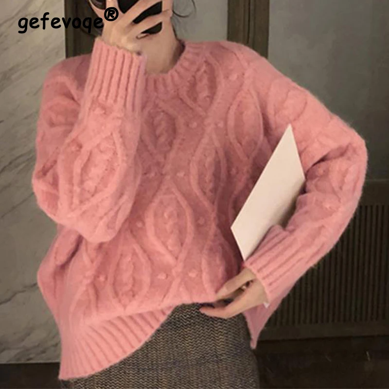 Autumn Winter Women Trendy Casual Streetwear Oversized Knitted Sweater Y2K Female O Neck Long Sleeve Solid Pullover Tops Jumpers