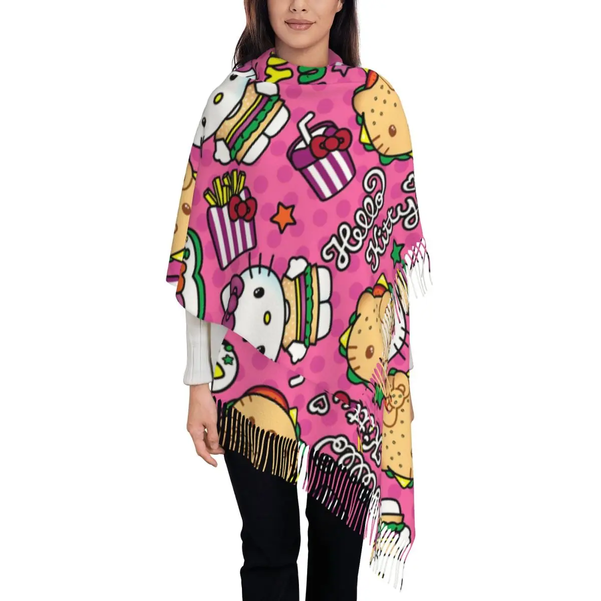 

Yum Hello Kitty Burgers Shawl Wraps for Women Winter Warm Large Long Scarf Cute Pashmina Tassel Scarves