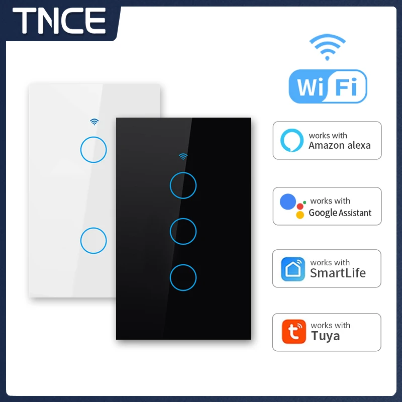 TNCE Tuya Wifi US Smart Light Switch Glass Screen Touch Panel 1/2/3/4 Gang Wireless Wall Button Work With Alexa Google Home