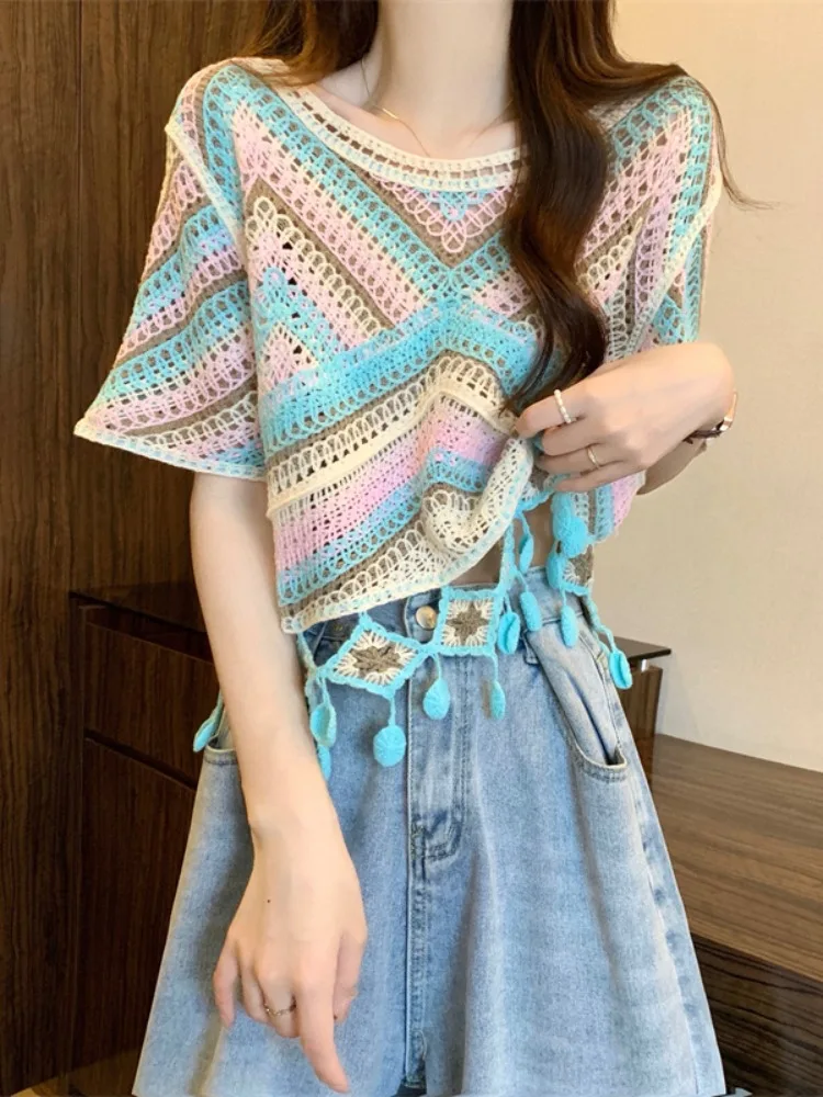 

Women Hollow Out Striped Summer Knitted Pullover Sweater Lady Casual Round Neck Vintage Tassel Short Sleeve Blouse Pullover Z638