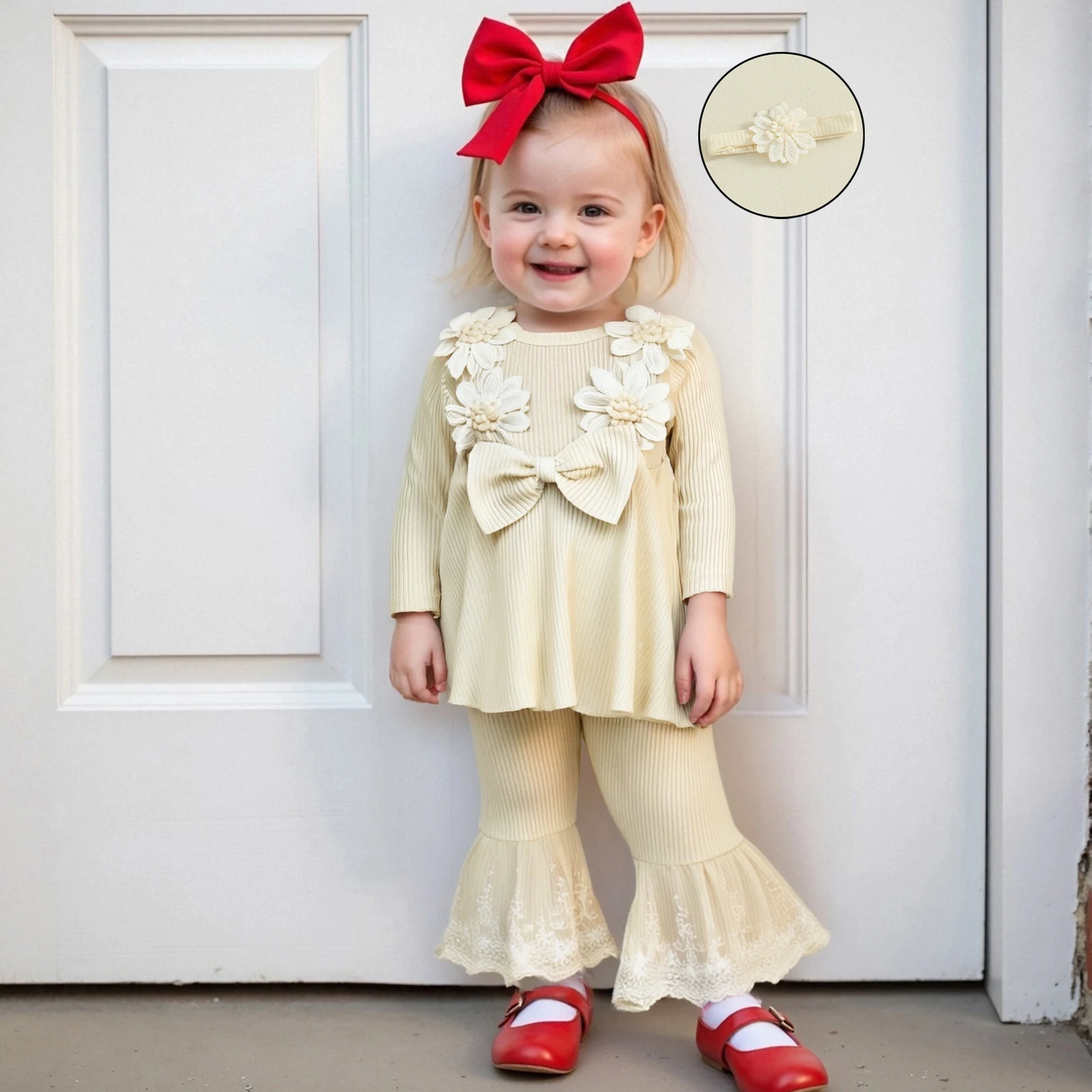 

Baby Kid Clothes Girls Long Sleeve Solid Color Flower Bow Sweatshirt with Pants Headband Children Clothing Outfit