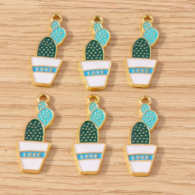 10pcs 10x26mm Cute Plant Charms Enamel Cactus Charms Pendants for Jewelry Making Earrings Necklace Bracelets DIY Crafts Supplies