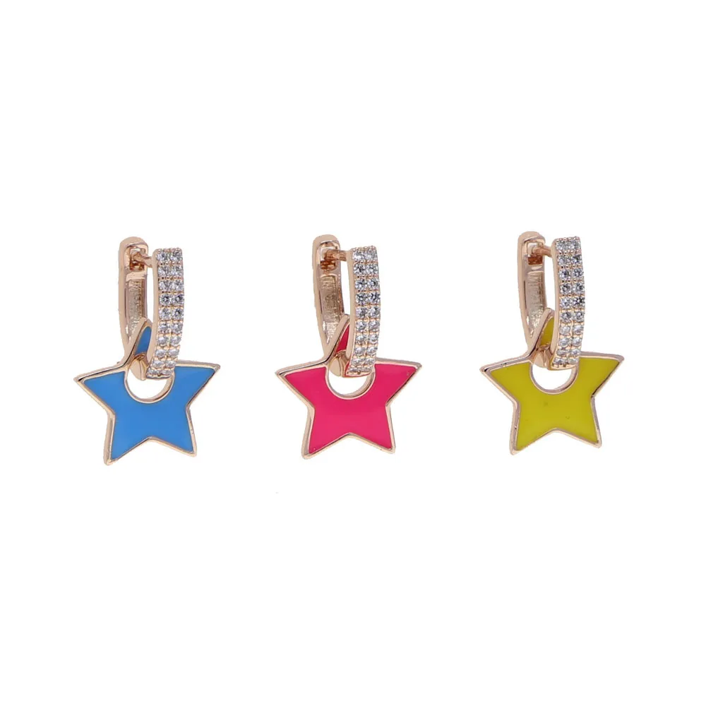 New Pink Yellow Blue Enamel Five-pointed Star Dangle Earrings for Women Paved WHite Cz Rose Gold Plated Color Fashion Jewelry