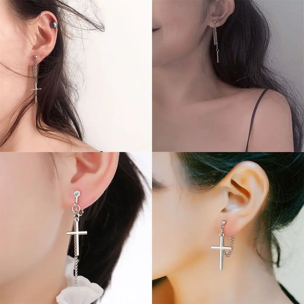 Super Cool Dark Street Female Cross Chain Bungee Earrings Cool and Handsome No Pierced Ear Clip Body Jewelery Gift Personality