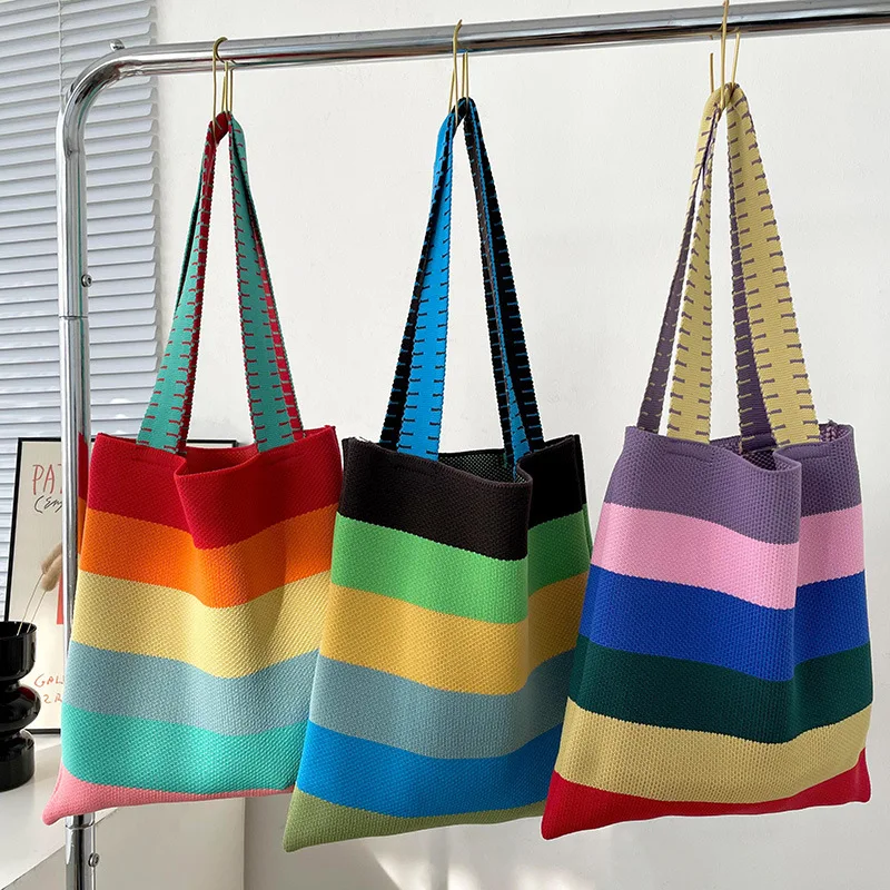 

Rainbow Contrast Color Striped Y2K Korean Style Shoulder Bag Knit Eco Friendly Shopper Tote Handwoven Cute Wholesale 2023 Trend