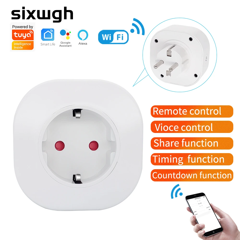 

SIXWGH WIFI EU Plug Socket Tuya Smart Home Automation Timmer Function Electrical Outlets Alexa Voice Relay Control Smart Socket