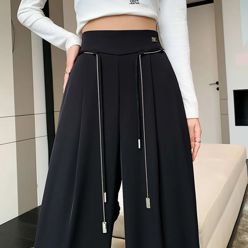 2023 Summer New Women\'s Fashion Temperament Solid Color Drawstring High Waist Casual Straight Loose Dragging Wide Leg Pants