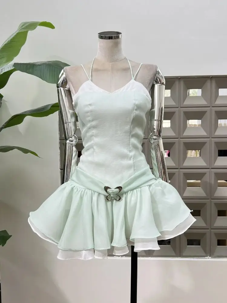 2025 robes d'été femmes Patchwork sans manches vert menthe Spaghetti mode nouvelle tenue vêtements fête d'anniversaire robe de danse chaude