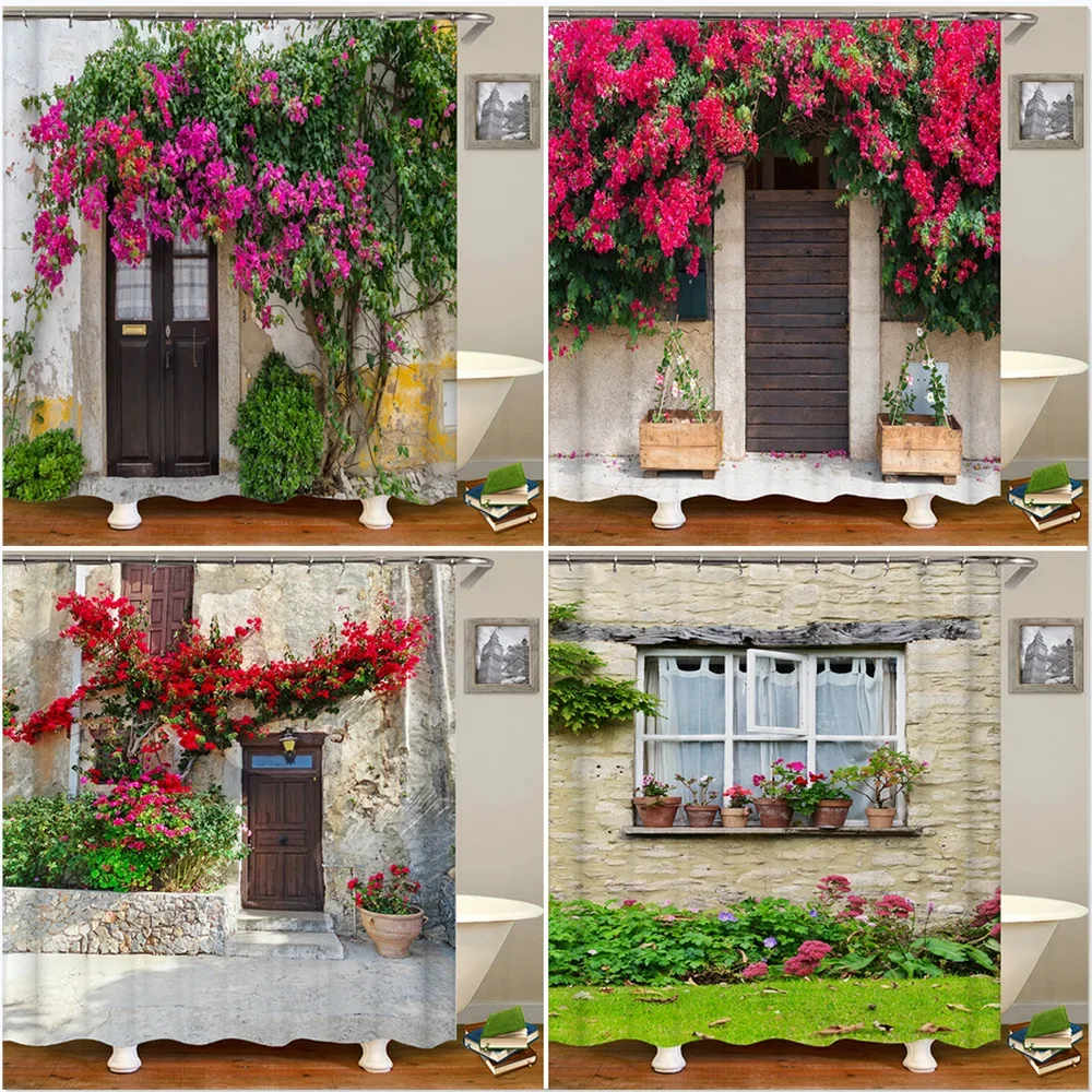 Street Outdoor Flower Landscape Printing Bathroom Shower Curtains Fabric Washable Home Bathtub Decoration Bath Screen With Hooks