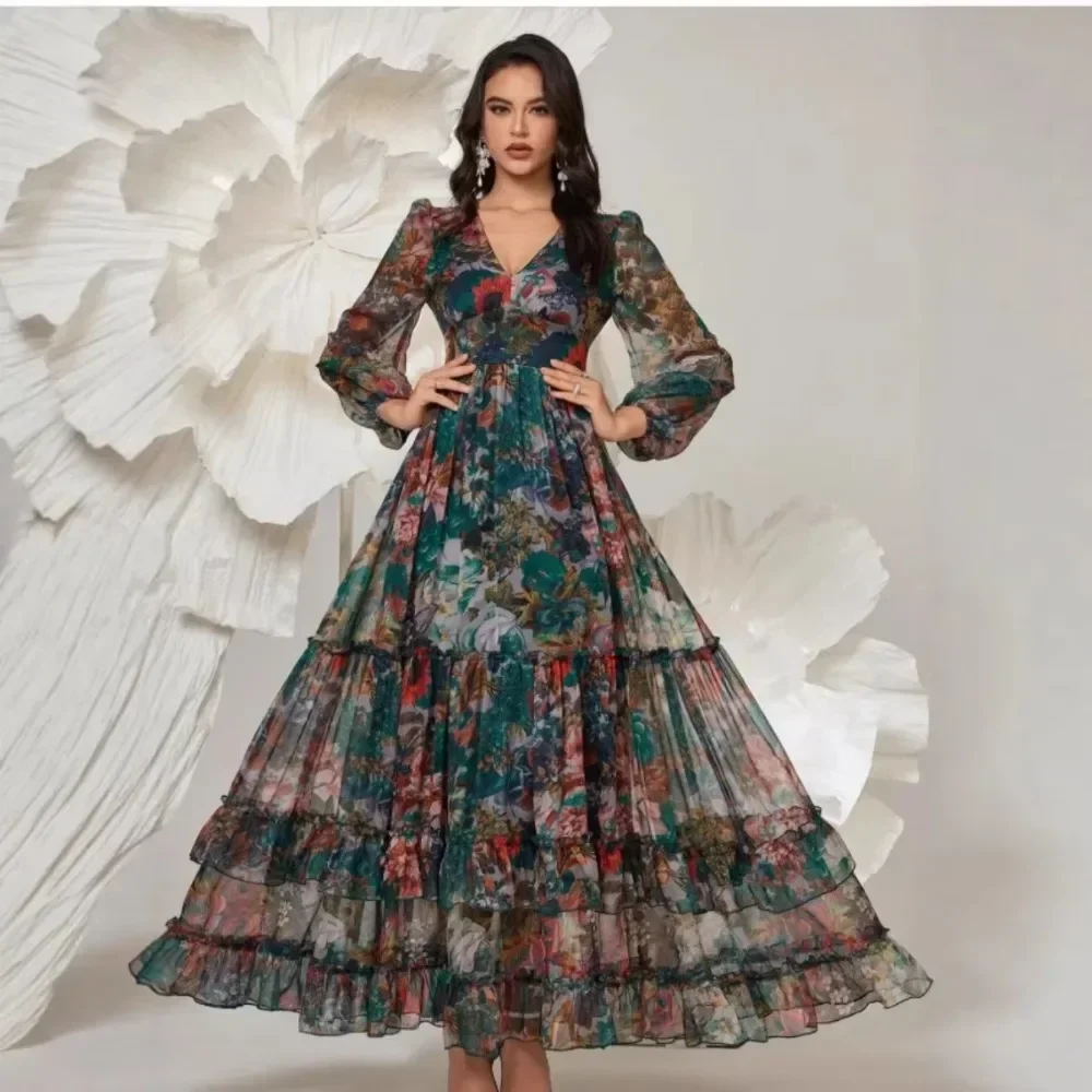 Women Bohemian Vintage Stand Collar Single Breasted Print Maxi Dress Flared Skirt Soft Breathable Flattering Vacation New