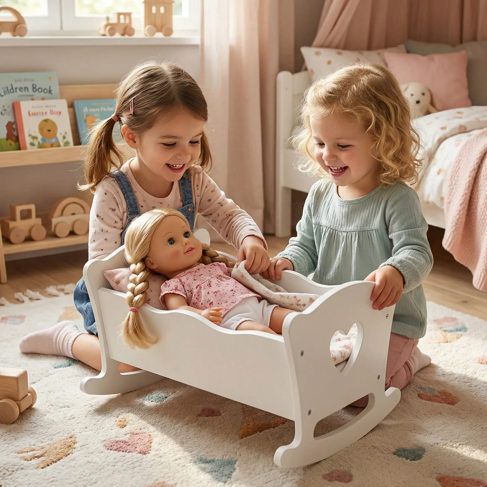 Miniature Crib for Doll Wooden for 20 Inch Dolls Kids Role Play Easy Assembly Baby Doll Bed with Pillow Mattress Pink Kids Gifts view 7